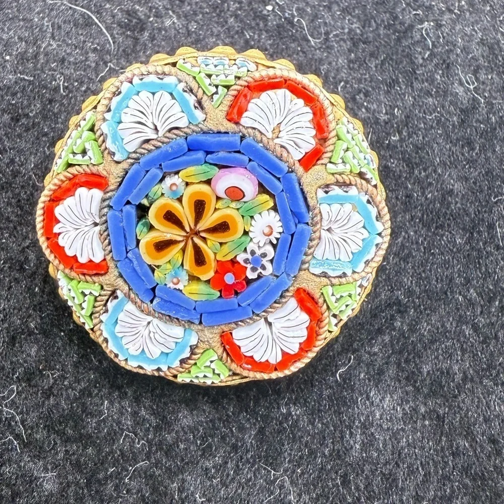 Vintage Made in Italy Micro Mosaic Brooch – Round Floral Glass Tile Pin